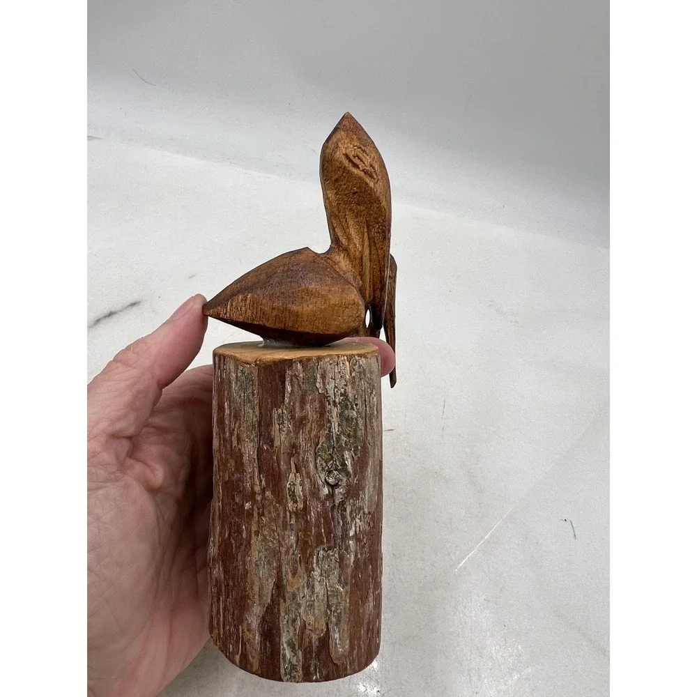 Hand Carved Wood Pelican Pair Figurines on Log Bases Rustic Coastal Folk Art
